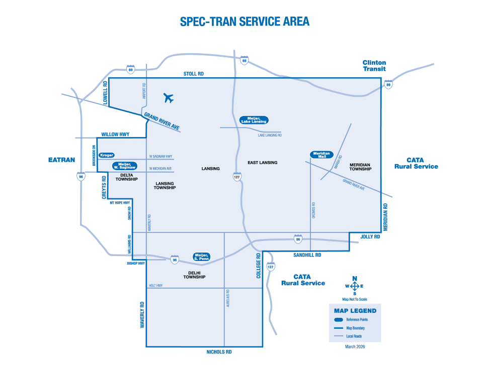 Service area of Spec-Tran. The boundaries are Stoll Rd. for the North, Meridian Rd. to the east, Nichols Rd. to the south and Creyts Rd and Brookside Dr. to the west.