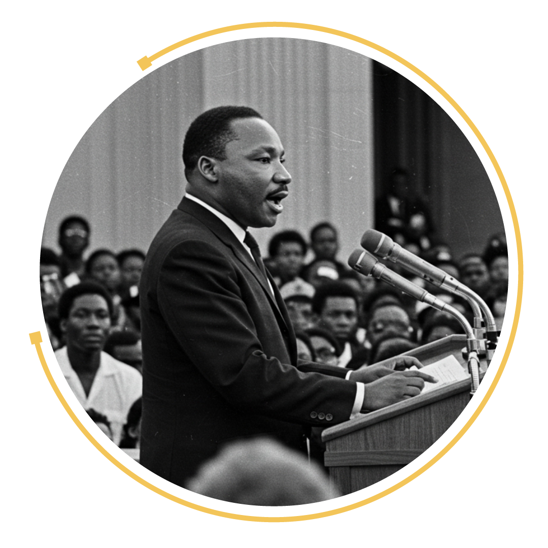 Martin Luther King Jr. speaking at a podium, surrounded by people