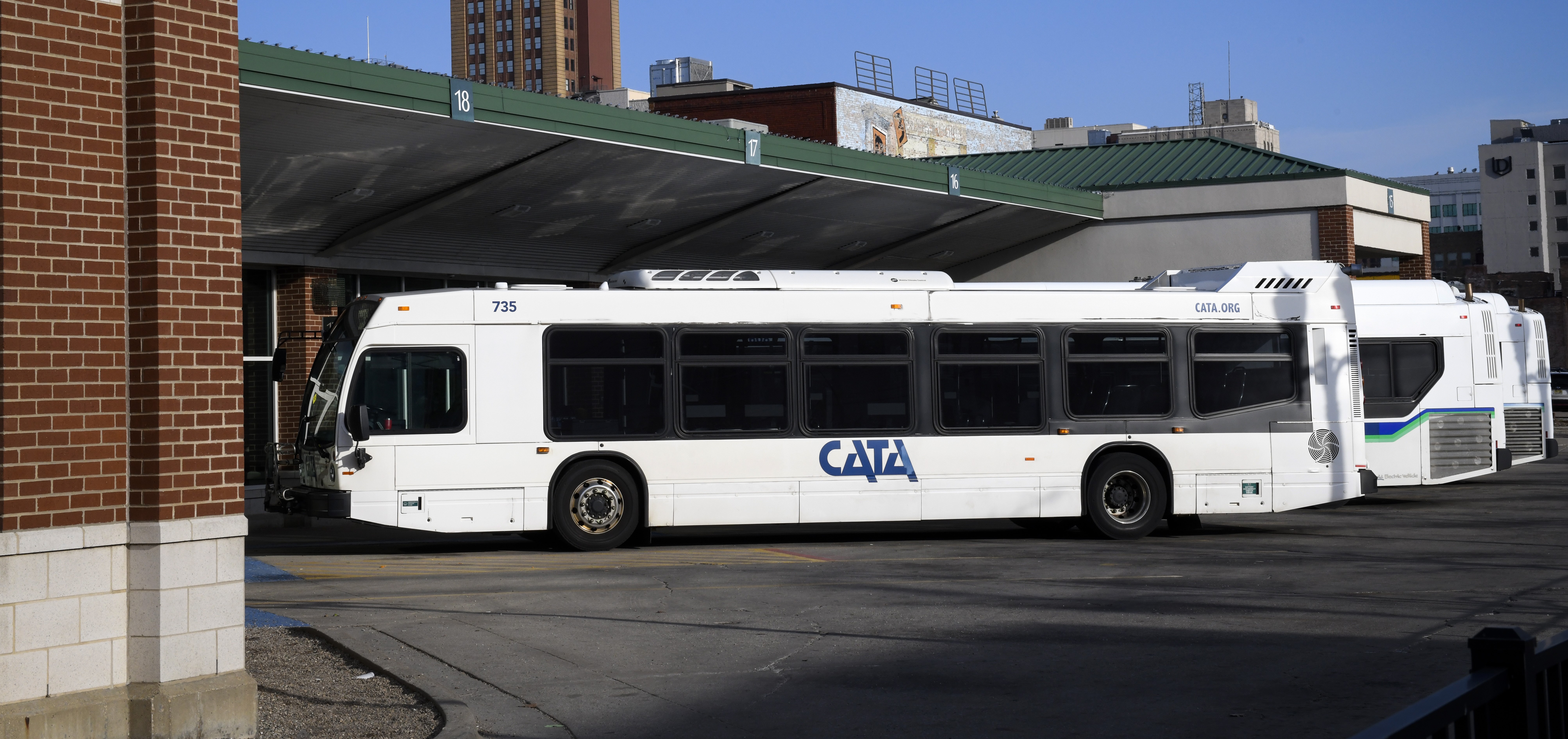 Buses parked at the downtown transportation center