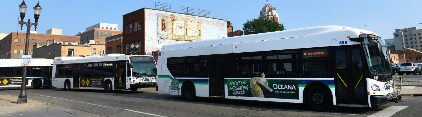 Multiple busses driving down the road