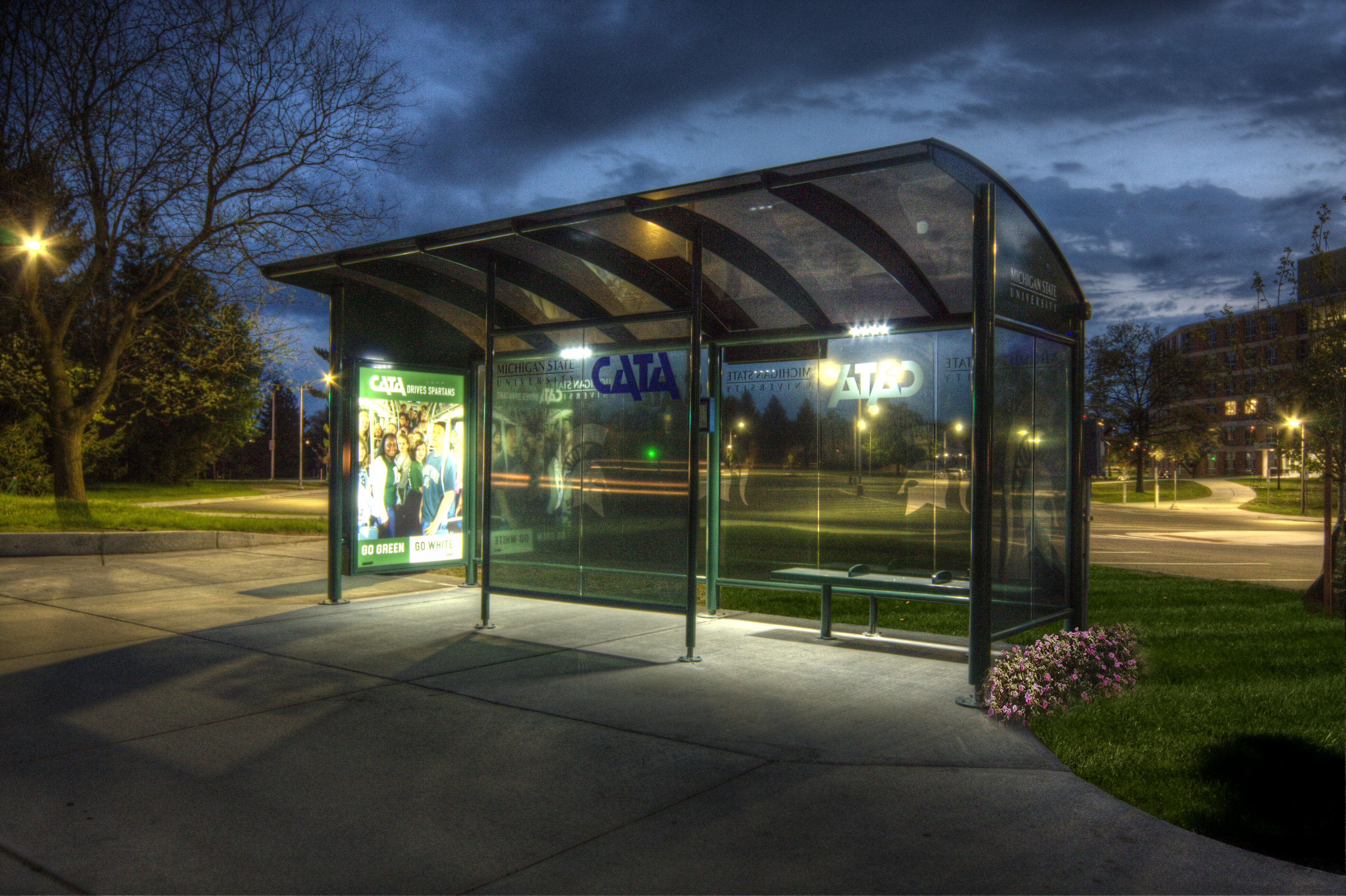 image of MSU bus shelter at night