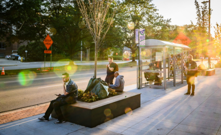 Downtown East Lansing with construction signs 