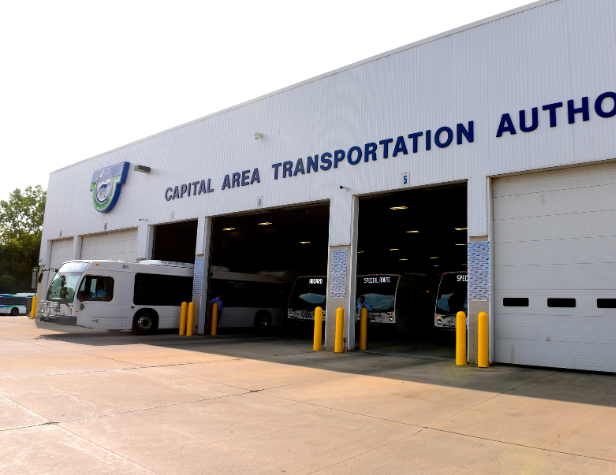 Busses leaving the garage at the CATA Admin Offices