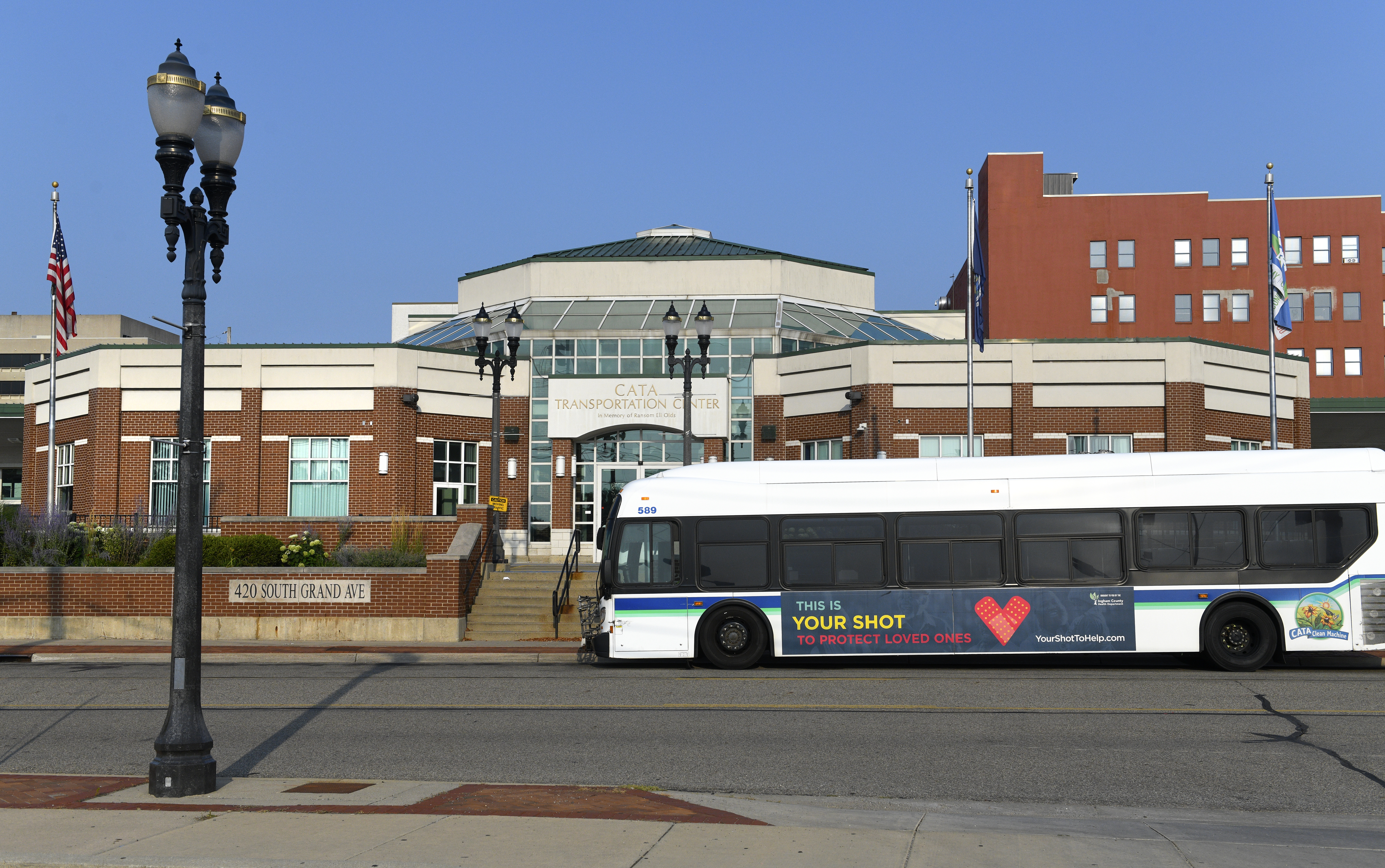 Image of the front of the downtown CTC with a bus in front
