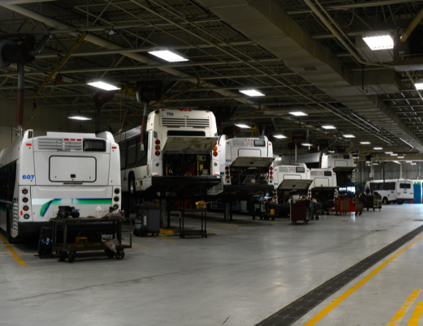 The inside of CATA's bus maintenance area