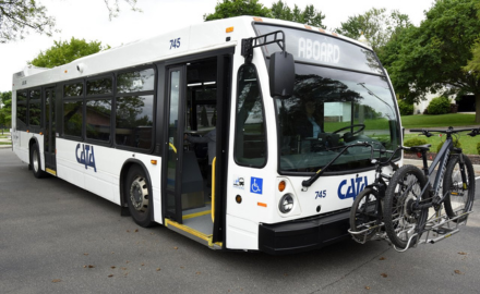 CATA bus with bikes on the bike rack with the sign saying welcome aboard