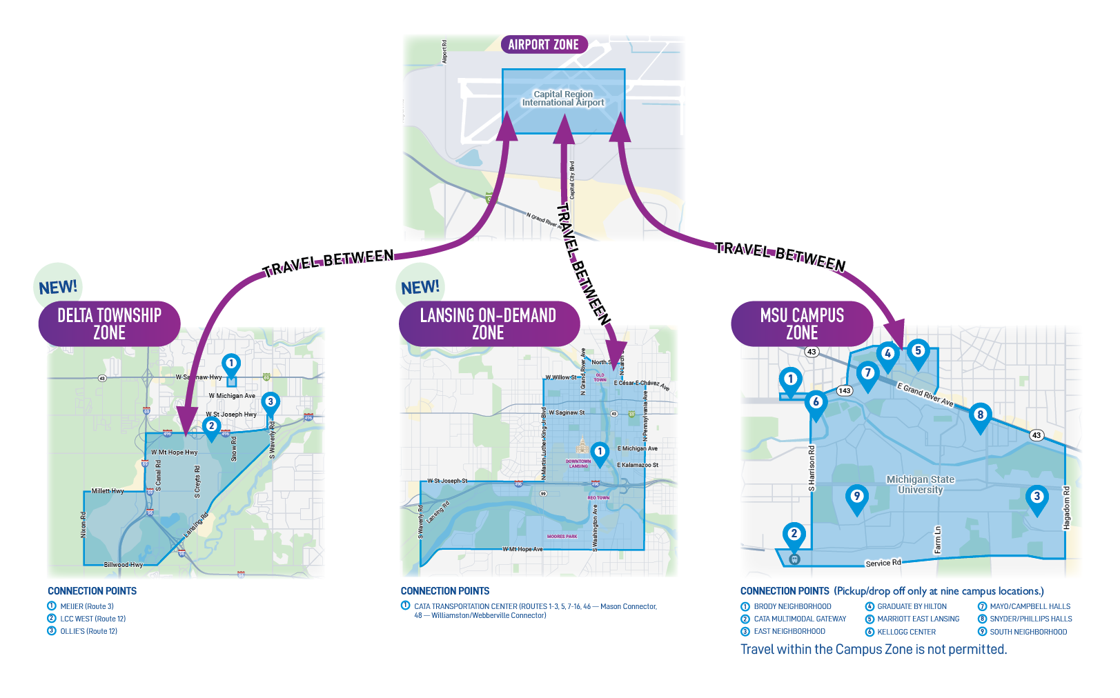 CATA Rydz Connect map with the Delta Township, Lansing On demand and MSU campus zone