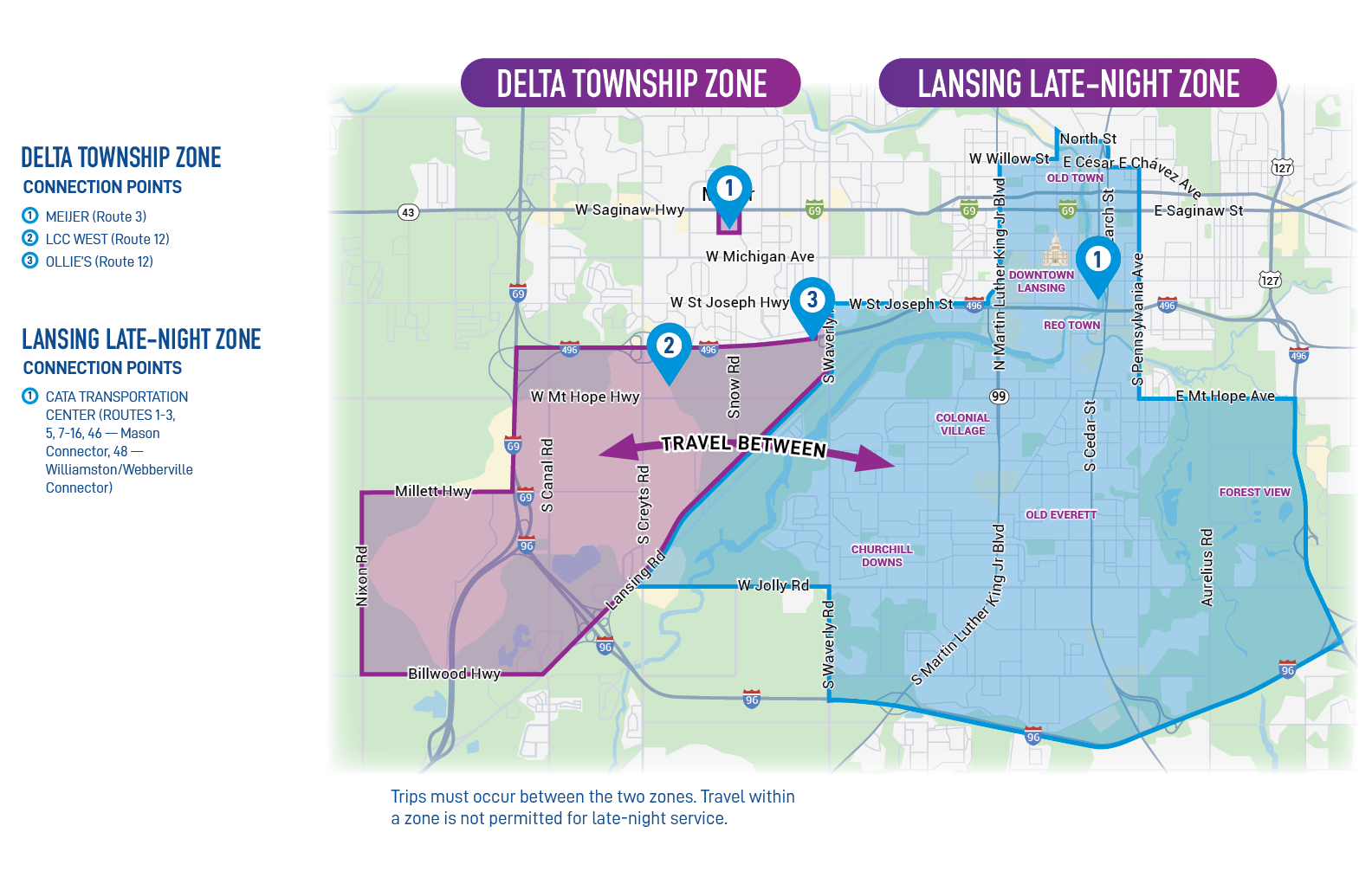 CATA Rydz Late Night Map Including the Delta Township and Lansing Late night zones