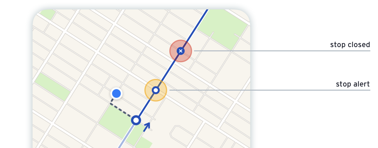map from transit listing a stop closed and stop alert