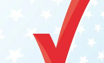 Red check mark against a blue background with white stars