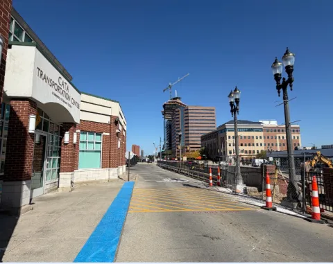 The outside of the CATA Transportation Center with construction in front of it