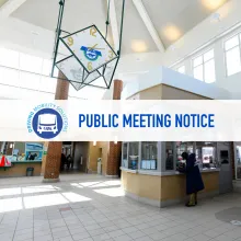 Public meeting notice with CATA Driving Mobility Solutions logo. Background is the interior of the CATA Transportation Center