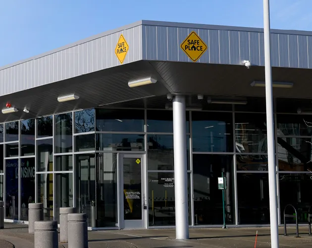 Capital Area Multimodal Gateway with Safe Place signs on the building
