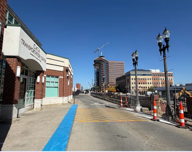 The outside of the CATA Transportation Center with construction in front of it